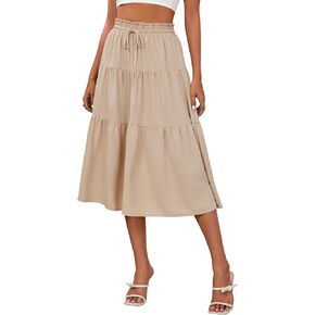 Anbech Women's Midi Skirt Elastic High Waisted Summer Pleated Beach Casual Skirts