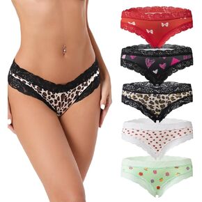 5-pack Sexy Lace-Trimmed Women's Low-Rise Panties - Leopard & Heart Print, Breathable Stylish Underwear