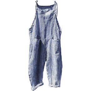CHARTOU Women Oversized Summer Casual Stripes Cargo Jumpsuit Wide Leg Bib Overall Striped Linen Pants Dungarees Pocket (Medium,Blue stripe)