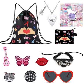 62 Pcs Gifts Bag Set for Fans - Music Lover Birthday Party Gifts, Includes Drawstring Backpack, Wallet, 50pcs Stickers, Big Red Glasses, Clothing Patches, Boys Girls Music Theme Party Decorations