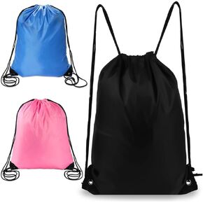 3-Pack Drawstring Backpacks - Polyester, Reinforced Corners for Sports, Gym, Travel, Beach (Black, Blue, Pink)