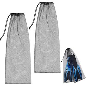 2 Pcs Diving Snorkeling Mesh Drawstring Bags, 29.5" x 10.8" Black Mesh Gear Bags for Snorkel Fins Equipment Dive Backpacks Quick Dry Storages for Beach Gear Travel Outdoor Adventures