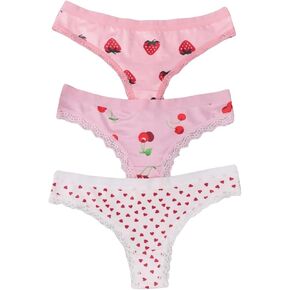 WDIRARA Women's 3 Pack Cute Graphic Panties Set Lace Trim Low Rise Comfy Thong Underwear