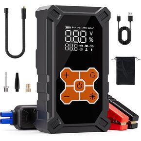 Car Jump Starter with Air Compressor, QKMPOM 5000A 160PSI Car Battery Jump Starter (10.0 Gas/8.0L Diesel), 12V Jump Starter Battery Pack with 3.4 Inch Smart Display, Jump Box with LED Light
