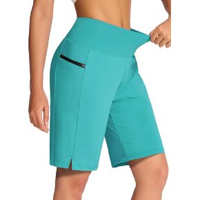 Women's 9" Long Swim Board Shorts with Zip Pockets High Waisted Knee Length Beach Swimming Shorts for Women with Liner