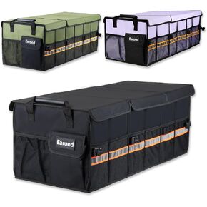 Car Trunk Organizer with Lid,Collapsible Car Storage Organizer with Multi Compartments and Securing Straps for SUV,Sedan,Jeep-Green