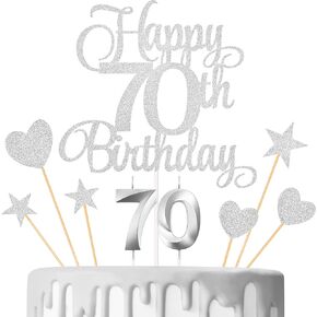70th Birthday Cake Decorations, 70th Birthday Candles Cake Numeral Candles and Glitter Happy 70th Birthday Cake Toppers Set for Birthday Party Supplies (Gold)