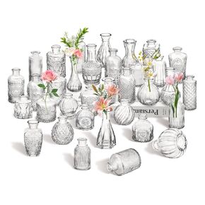 Clear Bud Vases Bulk 32 ، مزهريات زهرة صغيرة لديكور الزفاف ، زجاجة زجاجية قديمة للقطاعات المركزية ، الرفض ، المنزل