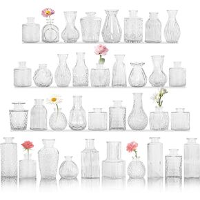 Set of 4 Glass Bud Vase Set, Small Vintage Clear Flower Vase Centerpieces for Table Bulk Cute Rustic Style Mini Vase for Home Decor Wedding Baby Shower Birthday Party