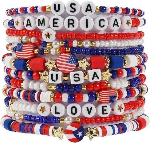 سوار Lonext American Flag للنساء من الولايات المتحدة الأمريكية حمراء زرقاء بيضاء حبات تمتد سوار مجموعة الوطنية في الرابع من يوليو يوم الاستقلال in Kuwait