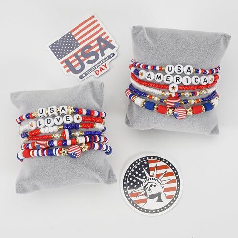 سوار Lonext American Flag للنساء من الولايات المتحدة الأمريكية حمراء زرقاء بيضاء حبات تمتد سوار مجموعة الوطنية في الرابع من يوليو يوم الاستقلال in Kuwait