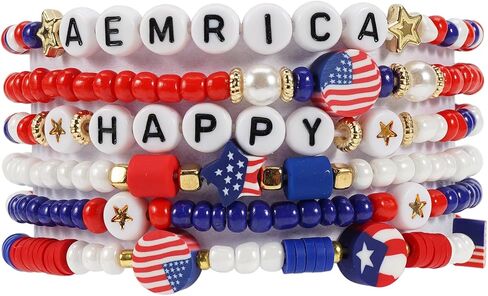 سوار Lonext American Flag للنساء من الولايات المتحدة الأمريكية حمراء زرقاء بيضاء حبات تمتد سوار مجموعة الوطنية في الرابع من يوليو يوم الاستقلال in Kuwait