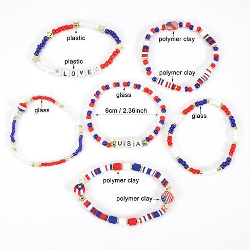 سوار Lonext American Flag للنساء من الولايات المتحدة الأمريكية حمراء زرقاء بيضاء حبات تمتد سوار مجموعة الوطنية في الرابع من يوليو يوم الاستقلال in Kuwait