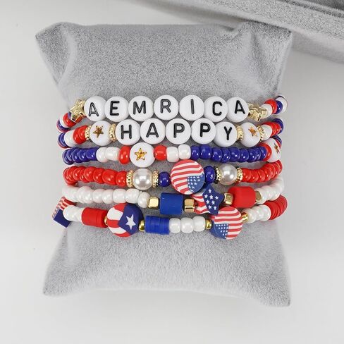 سوار Lonext American Flag للنساء من الولايات المتحدة الأمريكية حمراء زرقاء بيضاء حبات تمتد سوار مجموعة الوطنية في الرابع من يوليو يوم الاستقلال in Kuwait