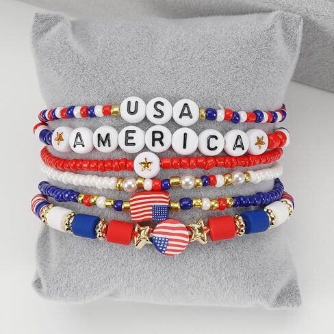 سوار Lonext American Flag للنساء من الولايات المتحدة الأمريكية حمراء زرقاء بيضاء حبات تمتد سوار مجموعة الوطنية في الرابع من يوليو يوم الاستقلال in Kuwait