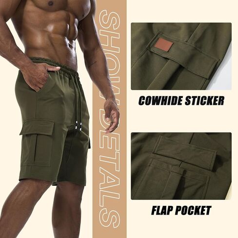 Suwangi Mens Cargo Athletic Shorts Flexible Elastic Waistband Loose Fit Shorts Outdoor Drawstring Multiple Pockets Shorts in Kuwait