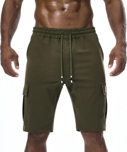 Suwangi Mens Cargo Athletic Shorts Flexible Elastic Waistband Loose Fit Shorts Outdoor Drawstring Multiple Pockets Shorts in Kuwait