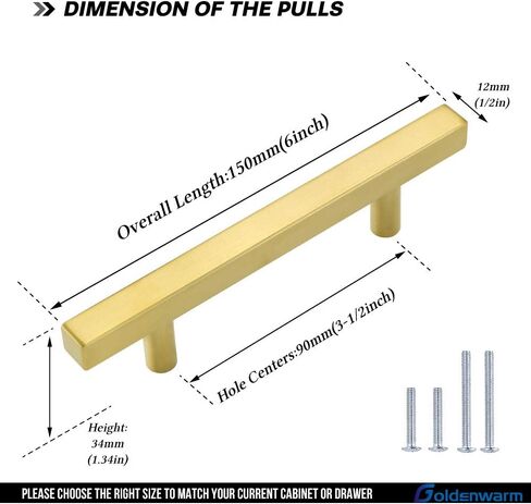 Goldenwarm 10 Pack 3 Inch Gold Cabinet Handles Brushed Brass Kitchen Pulls | Screws Included, Easy Installation, Modern Style, Stainless Steel, Smooth Edges, Ideal for Cupboards, Drawers, and Furniture in Saudi Arabia