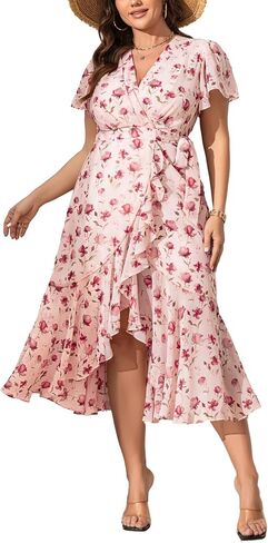 Women’s 2025 Floral Summer Dress Wrap V Neck Plus Size Boho Belted Ruffle Hem Flowy Maxi Dresses in Saudi Arabia