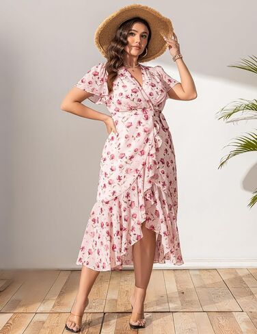 Women’s 2025 Floral Summer Dress Wrap V Neck Plus Size Boho Belted Ruffle Hem Flowy Maxi Dresses in Saudi Arabia