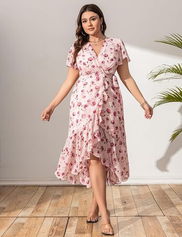 Women’s 2025 Floral Summer Dress Wrap V Neck Plus Size Boho Belted Ruffle Hem Flowy Maxi Dresses in Saudi Arabia