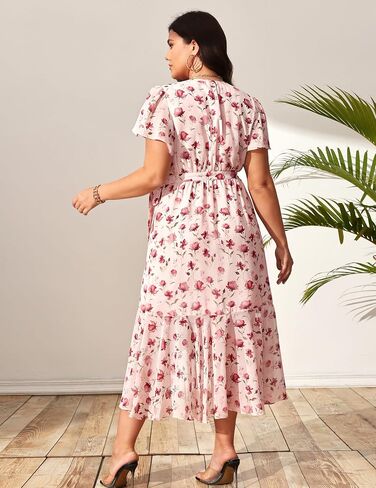 Women’s 2025 Floral Summer Dress Wrap V Neck Plus Size Boho Belted Ruffle Hem Flowy Maxi Dresses in Saudi Arabia