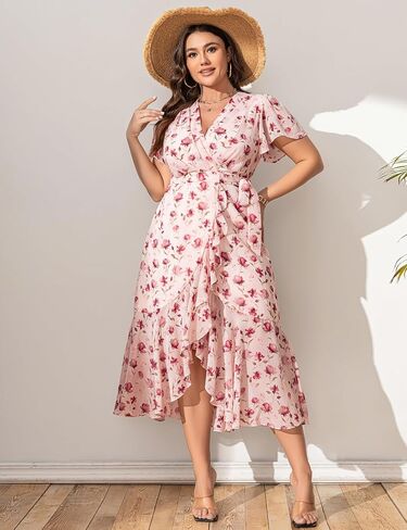 Women’s 2025 Floral Summer Dress Wrap V Neck Plus Size Boho Belted Ruffle Hem Flowy Maxi Dresses in Saudi Arabia