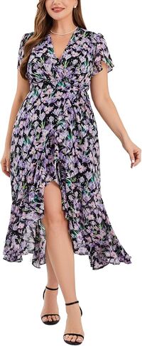 Women’s 2025 Floral Summer Dress Wrap V Neck Plus Size Boho Belted Ruffle Hem Flowy Maxi Dresses in Saudi Arabia