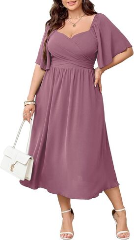 Women's Plus Size Midi Dress Sweetheart Neck Short Sleeve Wedding Guest Cocktail A Line Flowy Dress in Kuwait