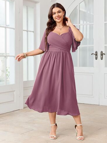Women's Plus Size Midi Dress Sweetheart Neck Short Sleeve Wedding Guest Cocktail A Line Flowy Dress in Kuwait