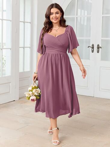 Women's Plus Size Midi Dress Sweetheart Neck Short Sleeve Wedding Guest Cocktail A Line Flowy Dress in Kuwait