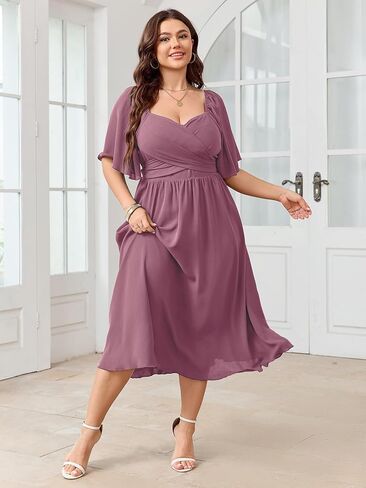 Women's Plus Size Midi Dress Sweetheart Neck Short Sleeve Wedding Guest Cocktail A Line Flowy Dress in Kuwait