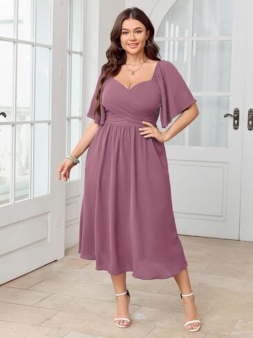 Women's Plus Size Midi Dress Sweetheart Neck Short Sleeve Wedding Guest Cocktail A Line Flowy Dress in Kuwait