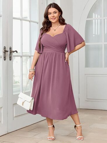 Women's Plus Size Midi Dress Sweetheart Neck Short Sleeve Wedding Guest Cocktail A Line Flowy Dress in Kuwait