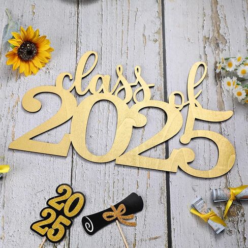 Graduation Decorations Wooden Class of 2025 Photo Props Party Backdrop Decor for School Grad Party Gifts (Gold) in Saudi Arabia