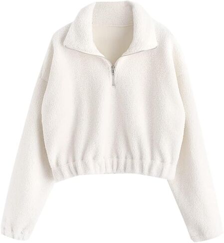 ZAFUL Women's Fashion Long Sleeve Lapel Half Zip Plain Faux Fur Sweatshirt Solid Color Crop Pullover Tops in Saudi Arabia