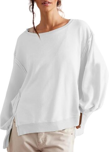 Women Loose Crewneck Cotton Sweatshirt Side Slit Long Sleeve Casual Pullover Sweatshirts for Women in Kuwait