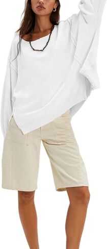 Women Loose Crewneck Cotton Sweatshirt Side Slit Long Sleeve Casual Pullover Sweatshirts for Women in Kuwait