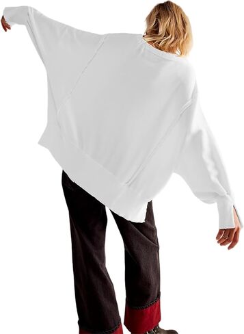 Women Loose Crewneck Cotton Sweatshirt Side Slit Long Sleeve Casual Pullover Sweatshirts for Women in Kuwait