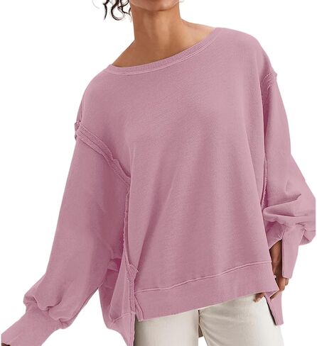 Women Loose Crewneck Cotton Sweatshirt Side Slit Long Sleeve Casual Pullover Sweatshirts for Women in Kuwait
