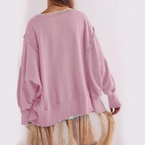 Women Loose Crewneck Cotton Sweatshirt Side Slit Long Sleeve Casual Pullover Sweatshirts for Women in Kuwait
