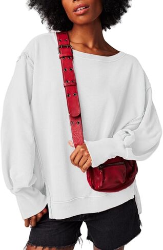 Women Loose Crewneck Cotton Sweatshirt Side Slit Long Sleeve Casual Pullover Sweatshirts for Women in Kuwait