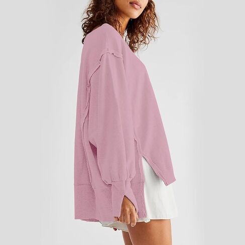 Women Loose Crewneck Cotton Sweatshirt Side Slit Long Sleeve Casual Pullover Sweatshirts for Women in Kuwait