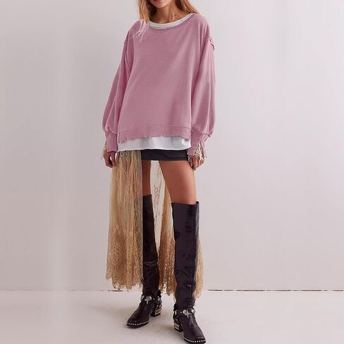 Women Loose Crewneck Cotton Sweatshirt Side Slit Long Sleeve Casual Pullover Sweatshirts for Women in Kuwait