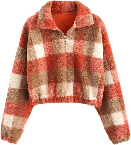ZAFUL Women's Fashion Long Sleeve Lapel Half Zip Plain Faux Fur Sweatshirt Solid Color Crop Pullover Tops in Saudi Arabia