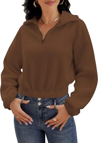 Zaful Women's Fashion Long Sleeve Longel Light zip Plain Fucs Fur Sweatshirt Solid Tops Pullover Tops in Saudi Arabia