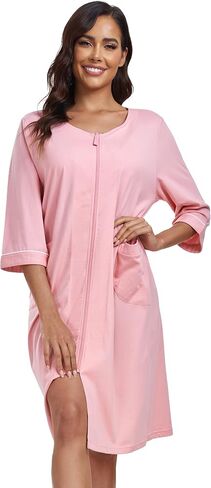 COLORFULLEAF Women's 100% Cotton Robe Lightweight 3/4 Sleeve Zip Front Robes Soft Knee Length Bathrobe Housecoat in Saudi Arabia