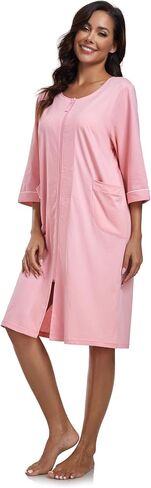 COLORFULLEAF Women's 100% Cotton Robe Lightweight 3/4 Sleeve Zip Front Robes Soft Knee Length Bathrobe Housecoat in Saudi Arabia
