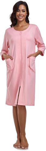 COLORFULLEAF Women's 100% Cotton Robe Lightweight 3/4 Sleeve Zip Front Robes Soft Knee Length Bathrobe Housecoat in Saudi Arabia