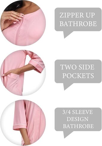 COLORFULLEAF Women's 100% Cotton Robe Lightweight 3/4 Sleeve Zip Front Robes Soft Knee Length Bathrobe Housecoat in Saudi Arabia